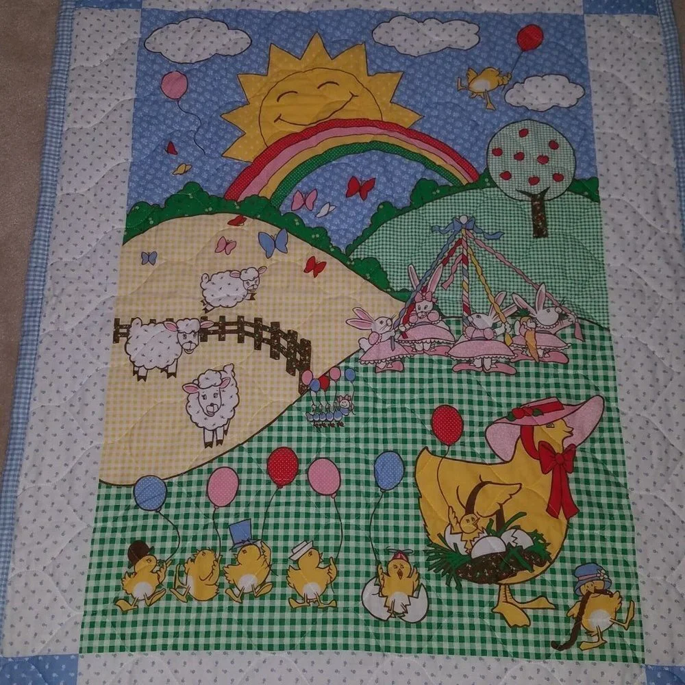 VTG Old McDonald Baby Blanket Quilt Throw Blue White Gingham Sun Rainbow Balloon